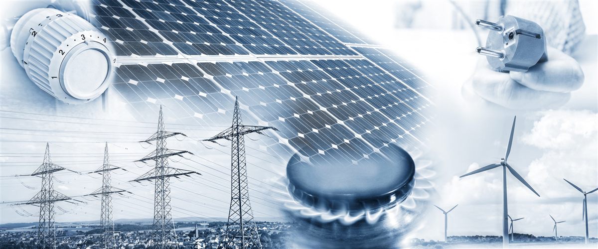 Solarmodule, Strommasten, Windräder und Gasflamme als Sinnbild der Energieversorgung